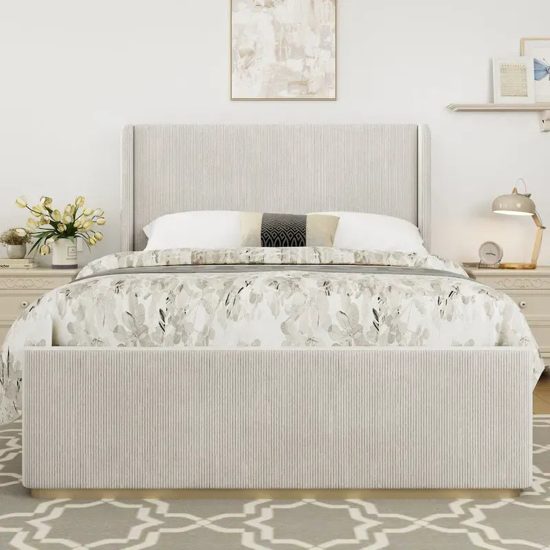 King Size Corduroy Upholstered Bed with 47 Wingback Headboard with Metal/Wood Frame (No Box Spring Needed)
