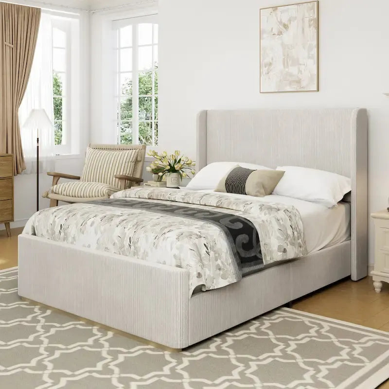 Lit King Size Rembourré en Velours Côtelé avec Tête de Lit à Oreilles de 119 cm