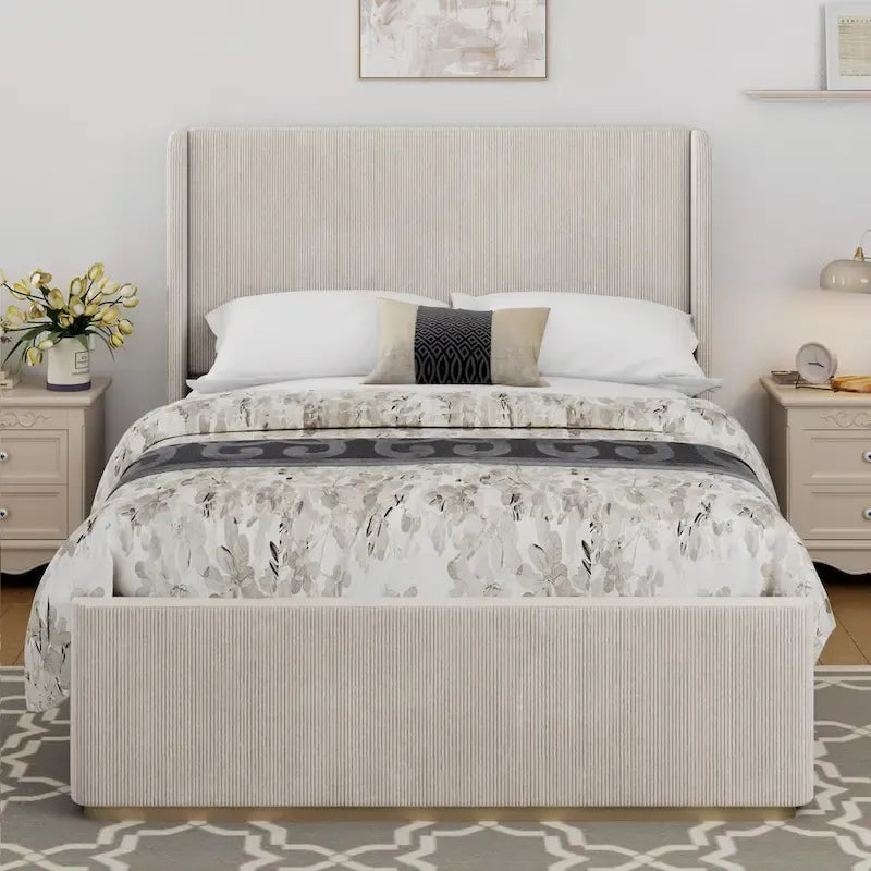 Lit King Size Rembourré en Velours Côtelé avec Tête de Lit à Oreilles de 119 cm