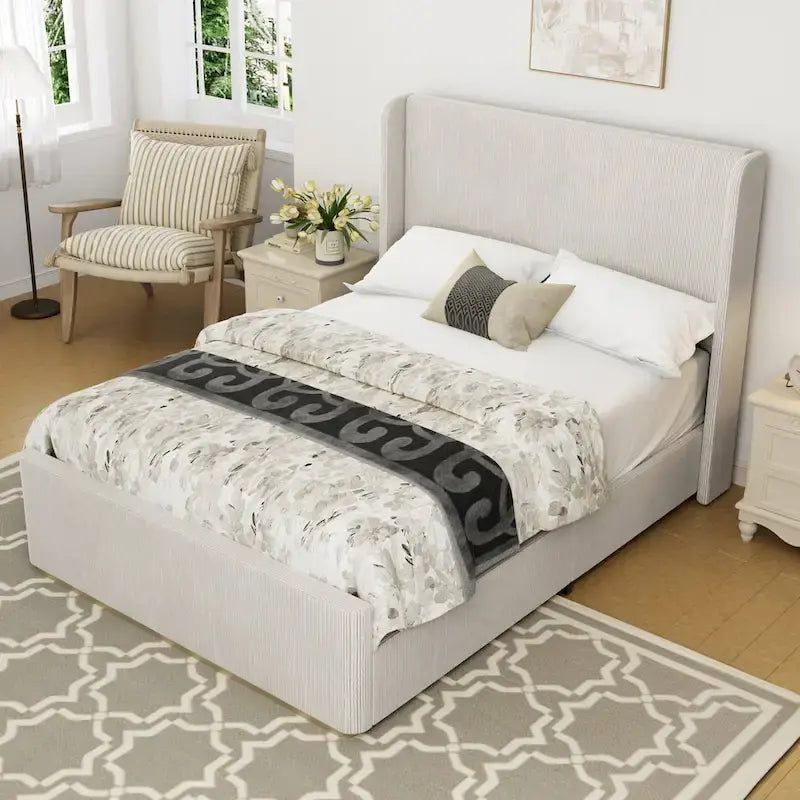Lit King Size Rembourré en Velours Côtelé avec Tête de Lit à Oreilles de 119 cm