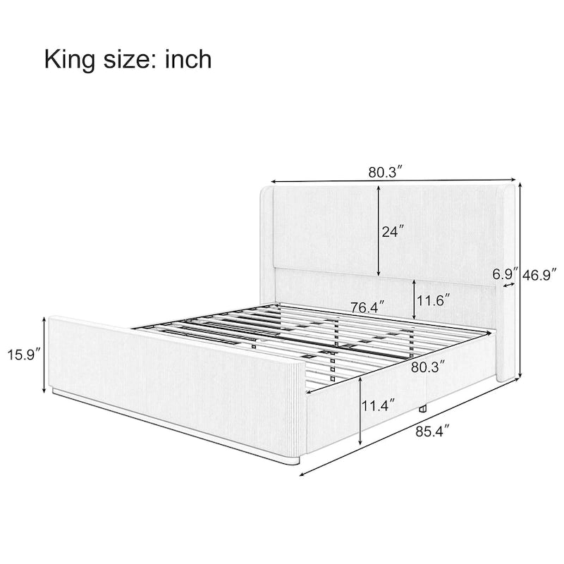 Lit King Size Rembourré en Velours Côtelé avec Tête de Lit à Oreilles de 119 cm