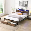 Lit Plateforme King Size Moderne en Métal avec Tête de Lit en Bois, 2 Tiroirs et Lumières LED