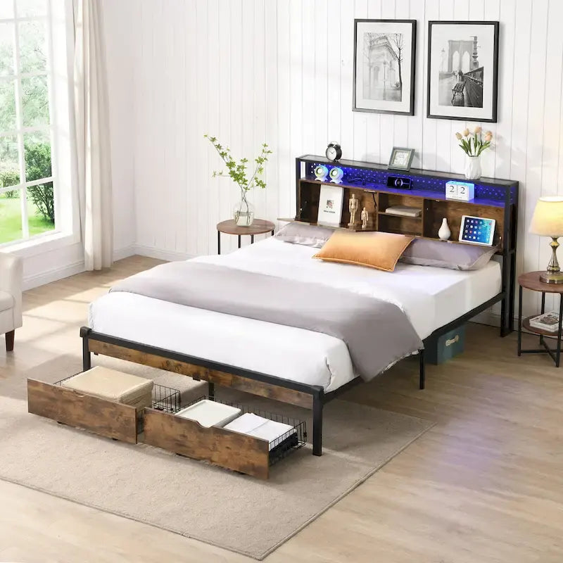 Lit Plateforme King Size Moderne en Métal avec Tête de Lit en Bois, 2 Tiroirs et Lumières LED