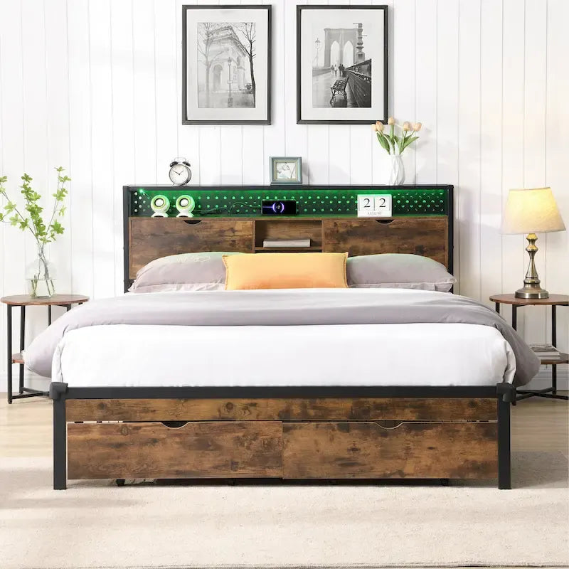 Lit Plateforme King Size Moderne en Métal avec Tête de Lit en Bois, 2 Tiroirs et Lumières LED