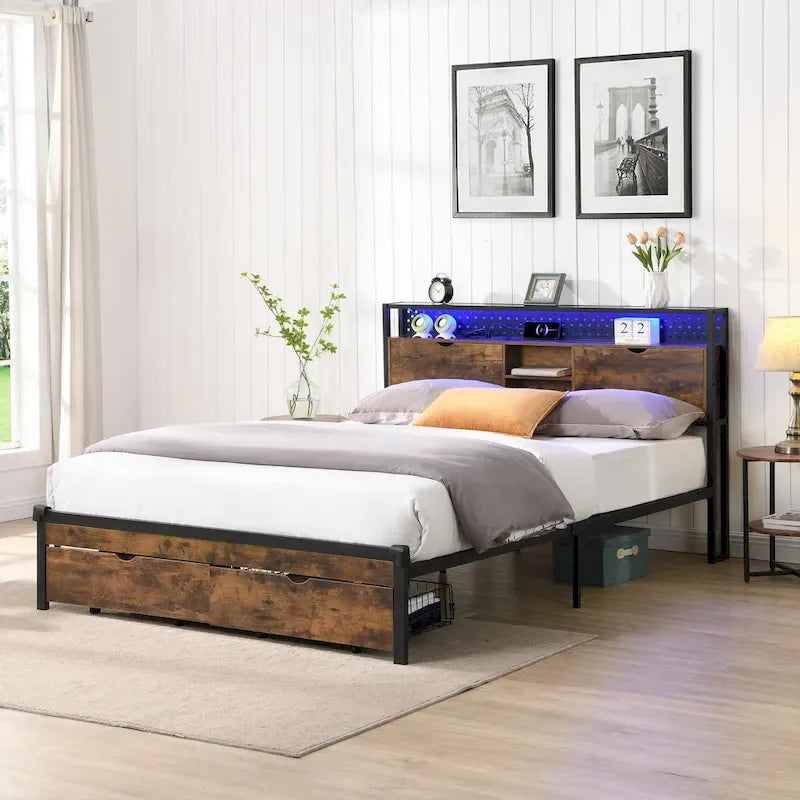 Lit Plateforme King Size Moderne en Métal avec Tête de Lit en Bois, 2 Tiroirs et Lumières LED