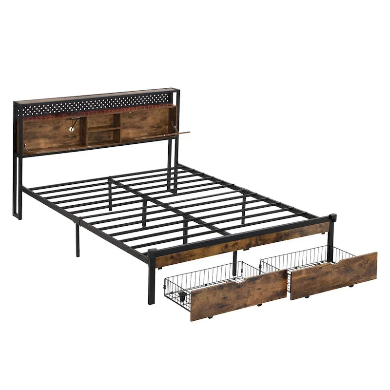 Lit Plateforme King Size Moderne en Métal avec Tête de Lit en Bois, 2 Tiroirs et Lumières LED