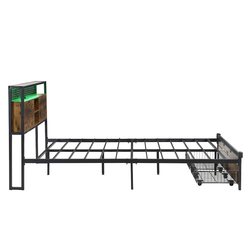 Lit Plateforme King Size Moderne en Métal avec Tête de Lit en Bois, 2 Tiroirs et Lumières LED