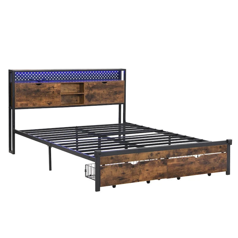 Lit Plateforme King Size Moderne en Métal avec Tête de Lit en Bois, 2 Tiroirs et Lumières LED