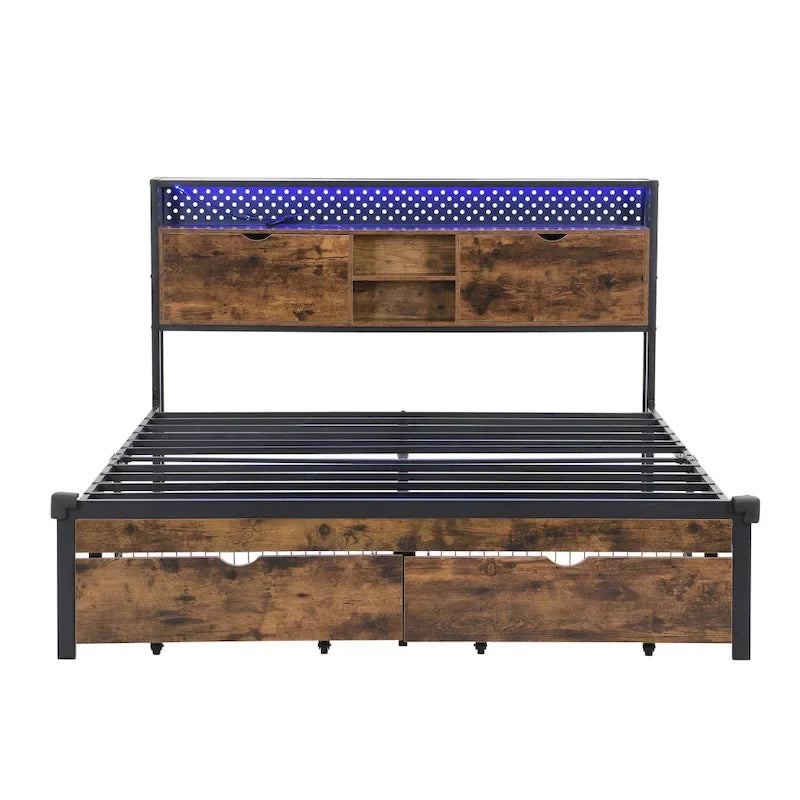 Lit Plateforme King Size Moderne en Métal avec Tête de Lit en Bois, 2 Tiroirs et Lumières LED