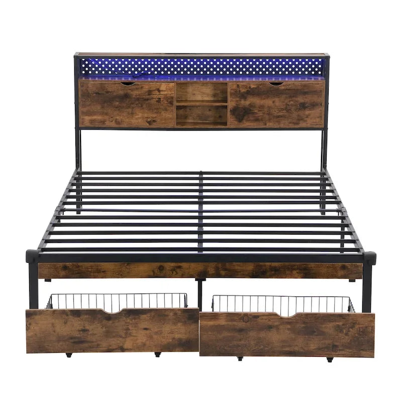 Lit Plateforme King Size Moderne en Métal avec Tête de Lit en Bois, 2 Tiroirs et Lumières LED