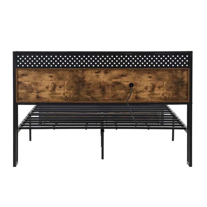 Lit Plateforme King Size Moderne en Métal avec Tête de Lit en Bois, 2 Tiroirs et Lumières LED
