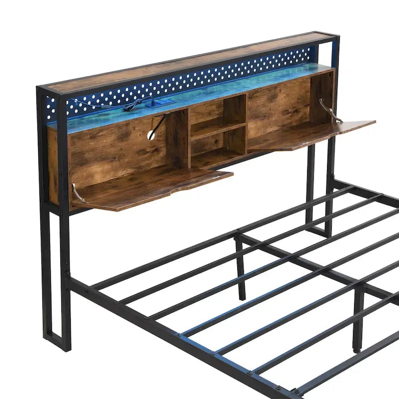 Lit Plateforme King Size Moderne en Métal avec Tête de Lit en Bois, 2 Tiroirs et Lumières LED