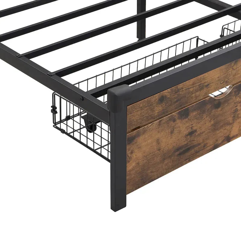 Lit Plateforme King Size Moderne en Métal avec Tête de Lit en Bois, 2 Tiroirs et Lumières LED