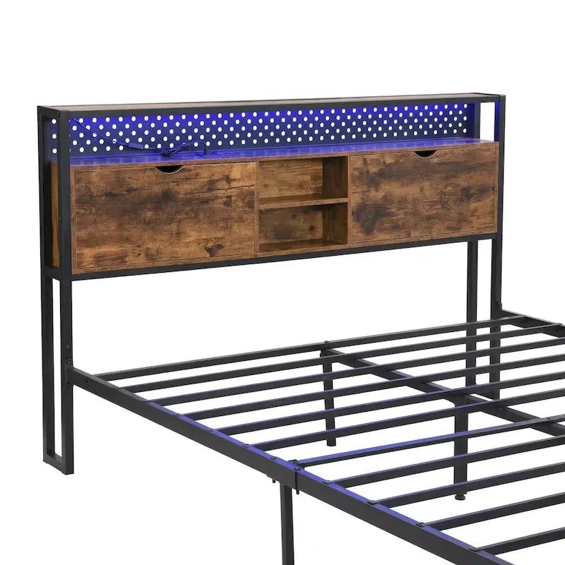 Lit Plateforme King Size Moderne en Métal avec Tête de Lit en Bois, 2 Tiroirs et Lumières LED
