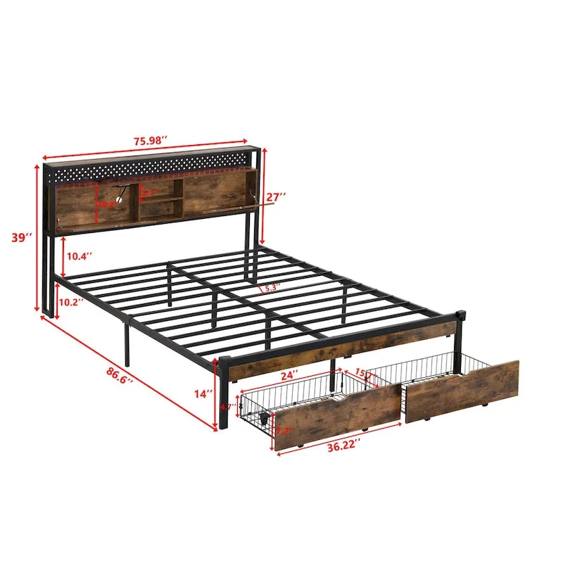 Lit Plateforme King Size Moderne en Métal avec Tête de Lit en Bois, 2 Tiroirs et Lumières LED