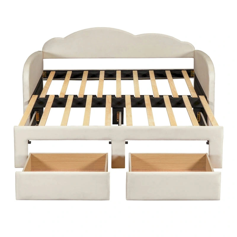 Lit de repos double en velours nuage avec lit gigogne et tiroirs