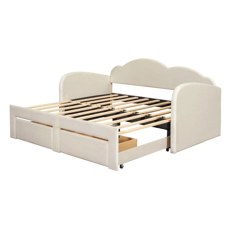 Lit de repos double en velours nuage avec lit gigogne et tiroirs