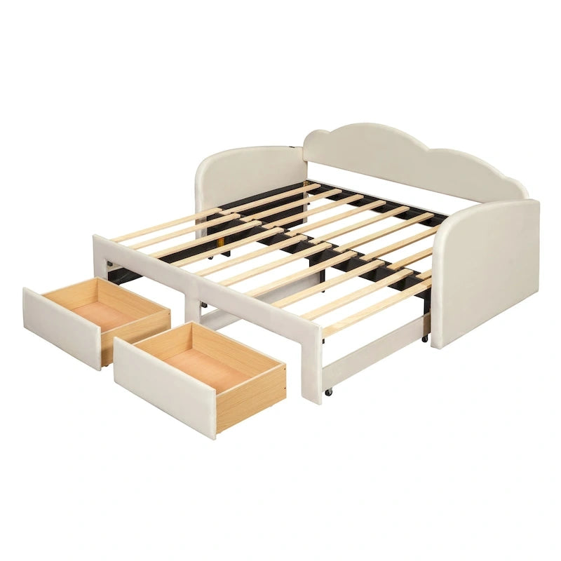 Lit de repos double en velours nuage avec lit gigogne et tiroirs