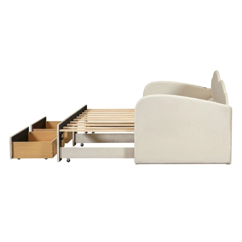 Lit de repos double en velours nuage avec lit gigogne et tiroirs
