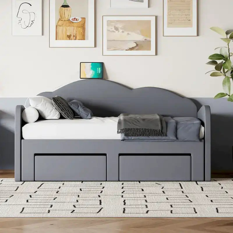 Lit de repos double en velours nuage avec lit gigogne et tiroirs