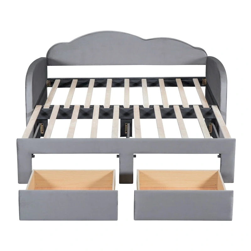 Lit de repos double en velours nuage avec lit gigogne et tiroirs
