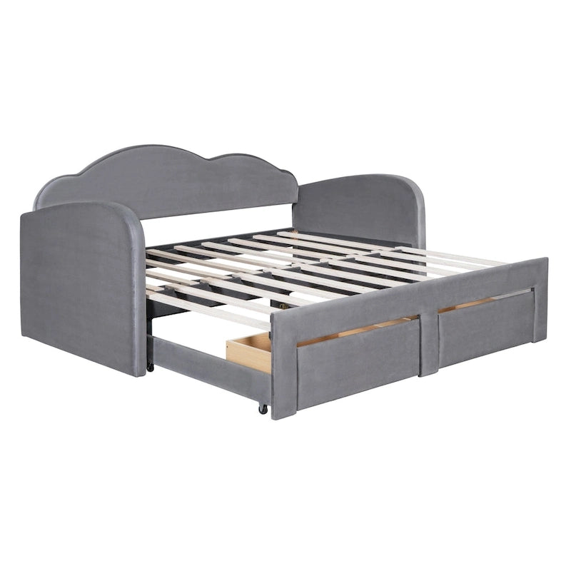 Lit de repos double en velours nuage avec lit gigogne et tiroirs