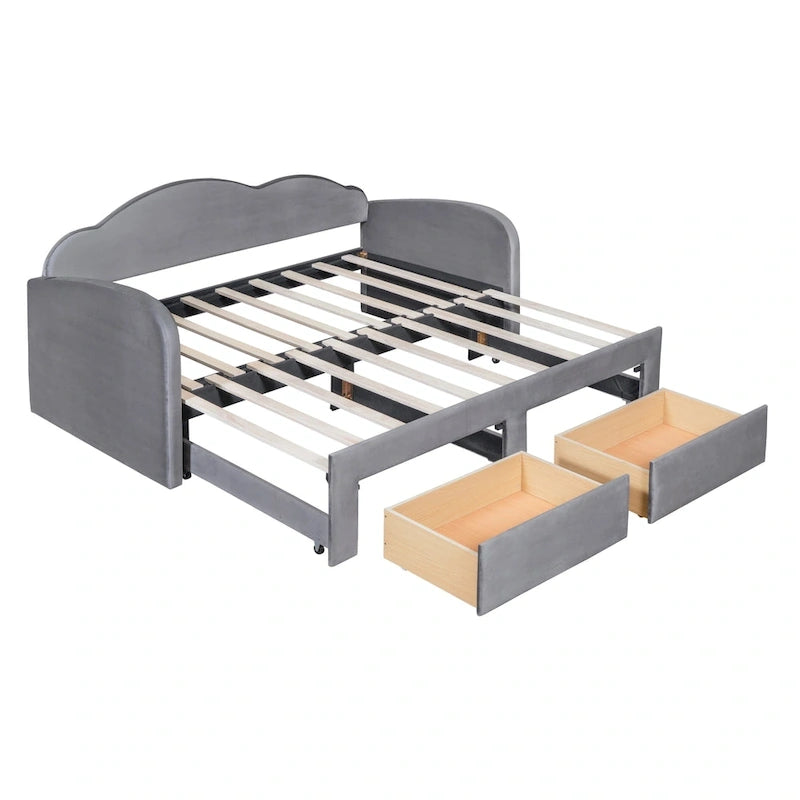 Lit de repos double en velours nuage avec lit gigogne et tiroirs