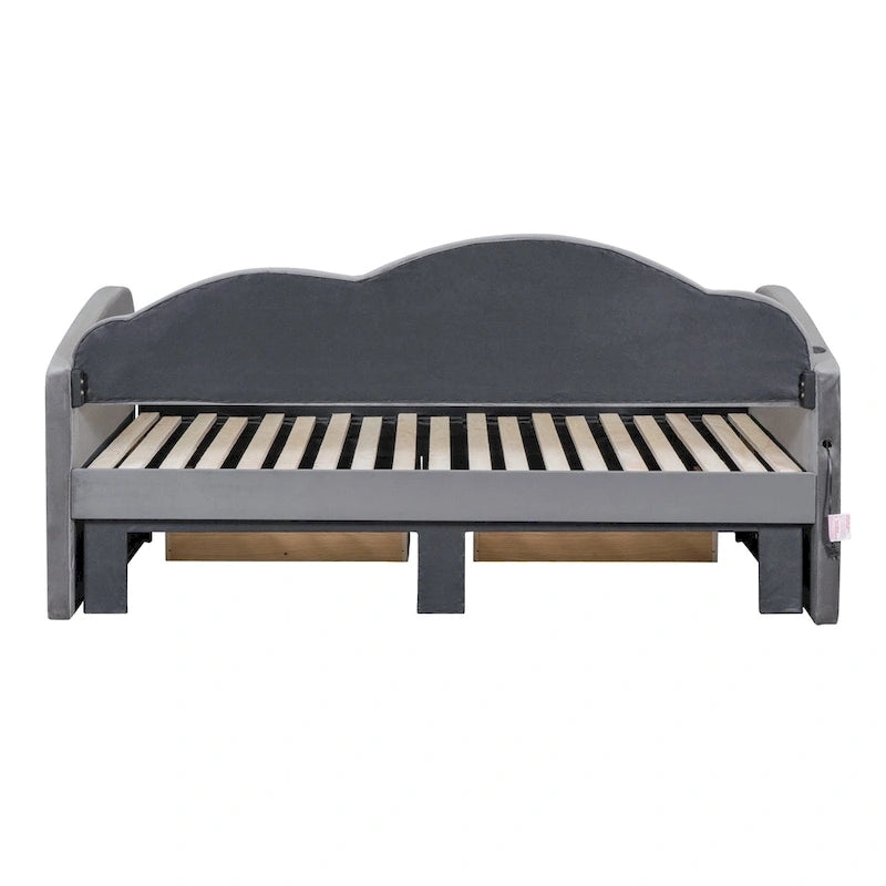 Lit de repos double en velours nuage avec lit gigogne et tiroirs