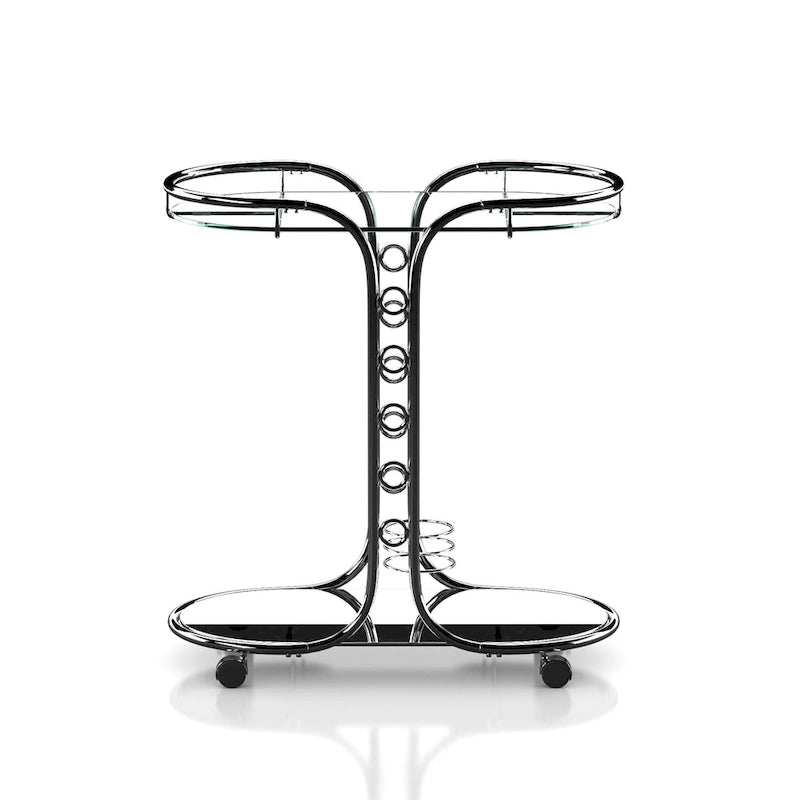 Desserte moderne chromée avec plateau en verre et roulettes