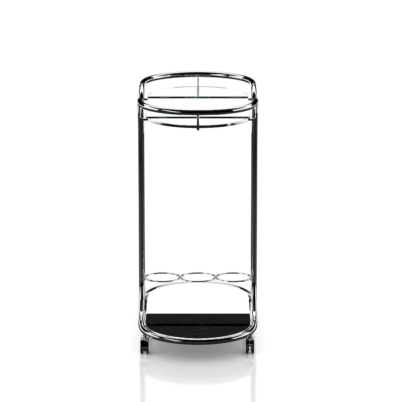 Desserte moderne chromée avec plateau en verre et roulettes