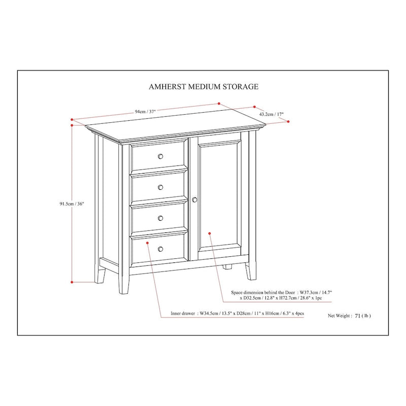 Meuble de rangement de transition en bois massif de 37 pouces de large - 37 larg. x 17 prof. x 36 haut.