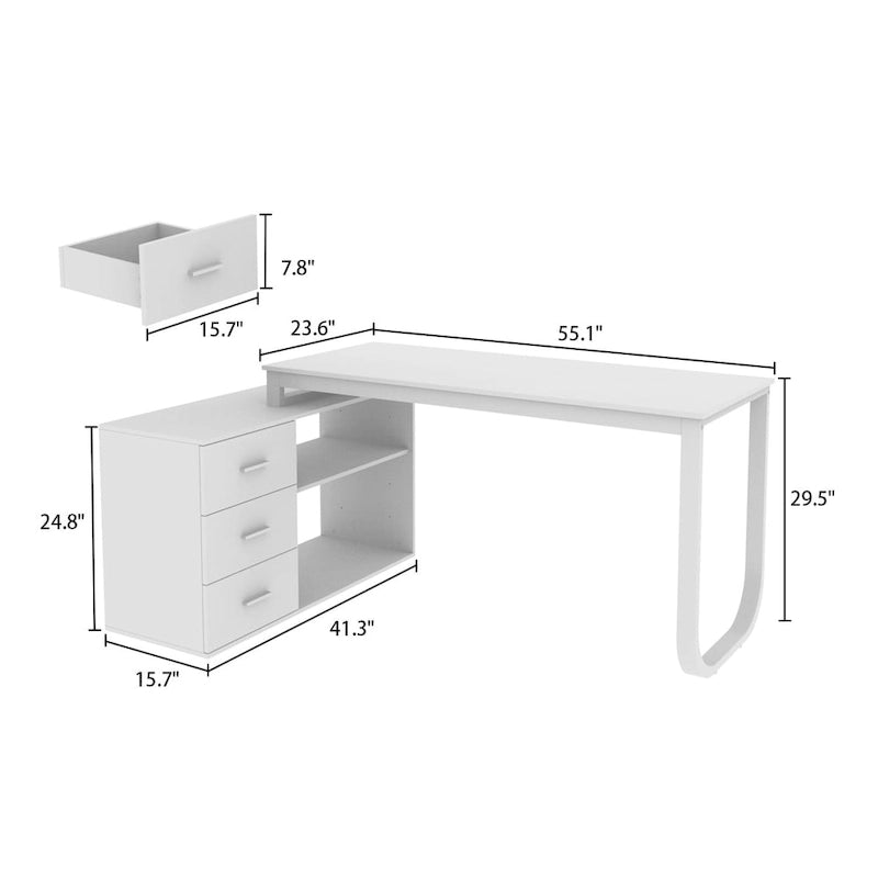 Bureau informatique d'angle en L de 55 pouces avec tiroirs