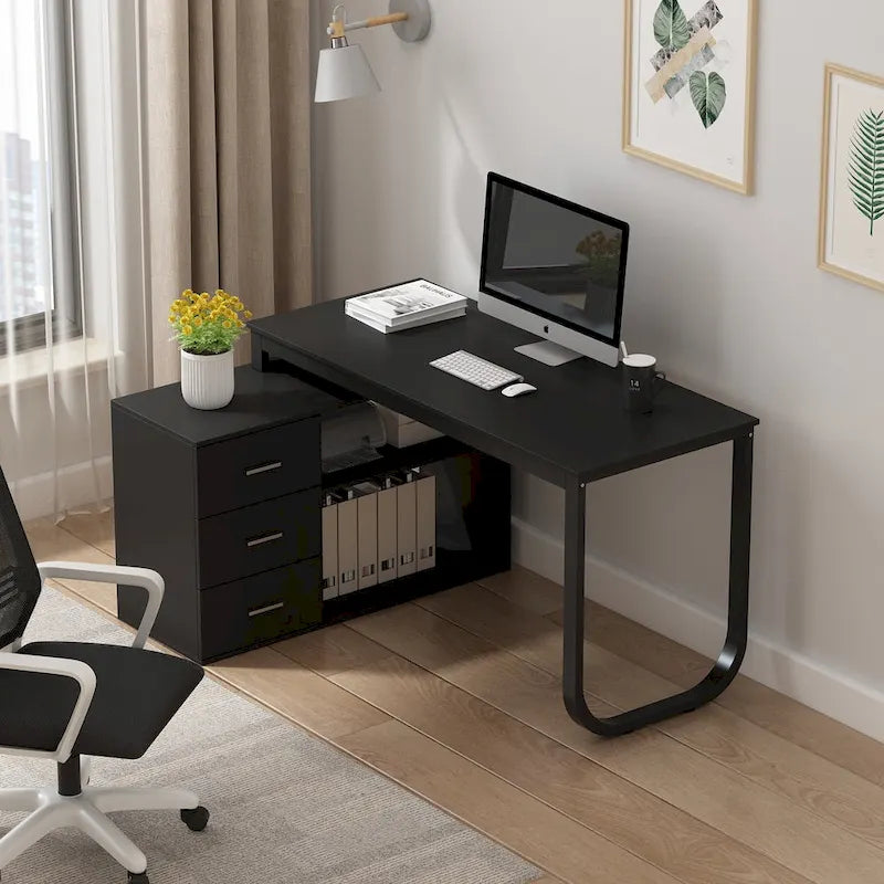 Bureau informatique d'angle en L de 55 pouces avec tiroirs
