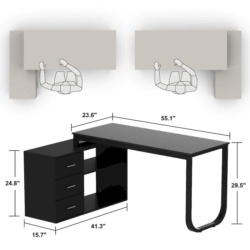 Bureau informatique d'angle en L de 55 pouces avec tiroirs