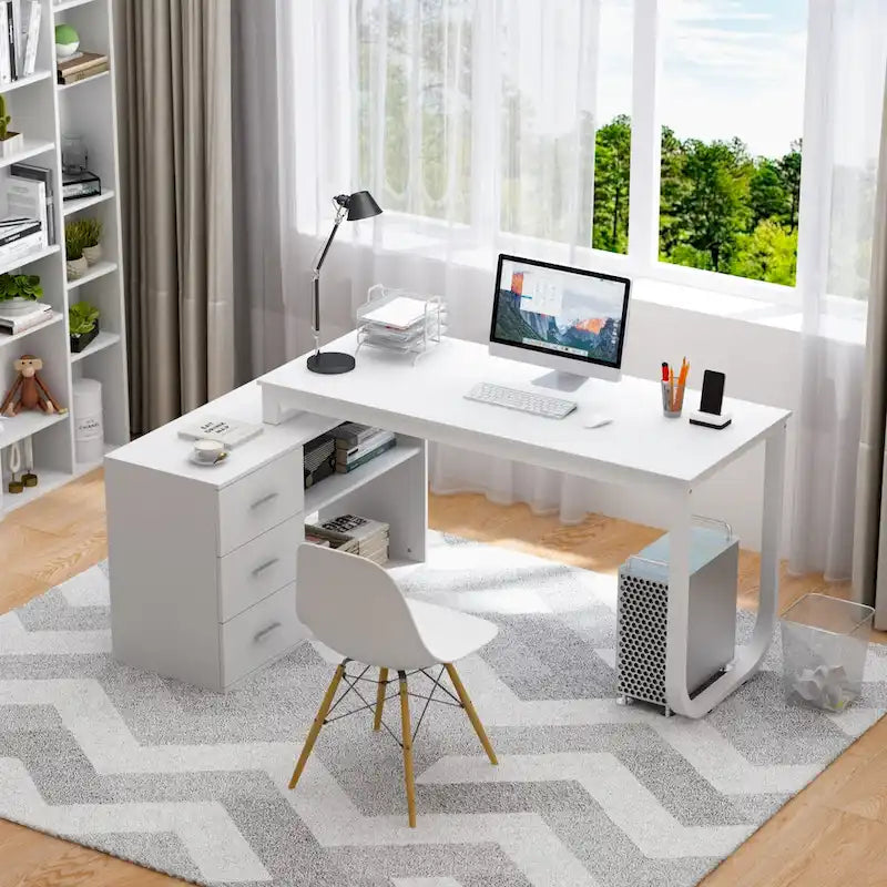 Bureau informatique d'angle en L de 55 pouces avec tiroirs