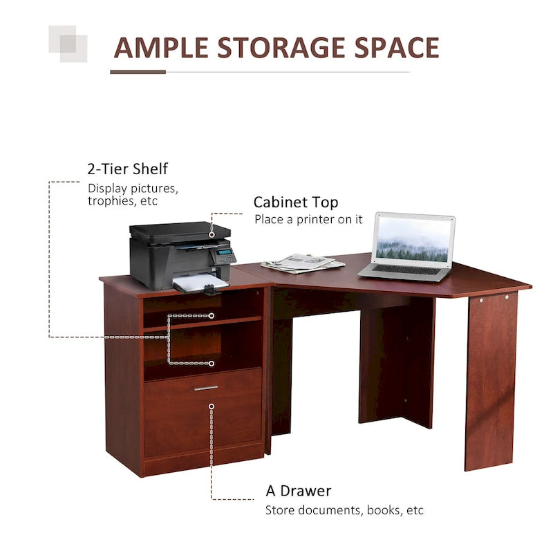 Bureau d'angle en L avec armoire pour imprimante et rangements