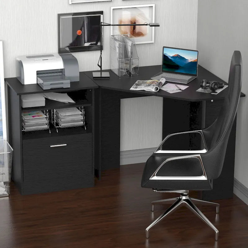 Bureau d'angle en L avec armoire pour imprimante et rangements