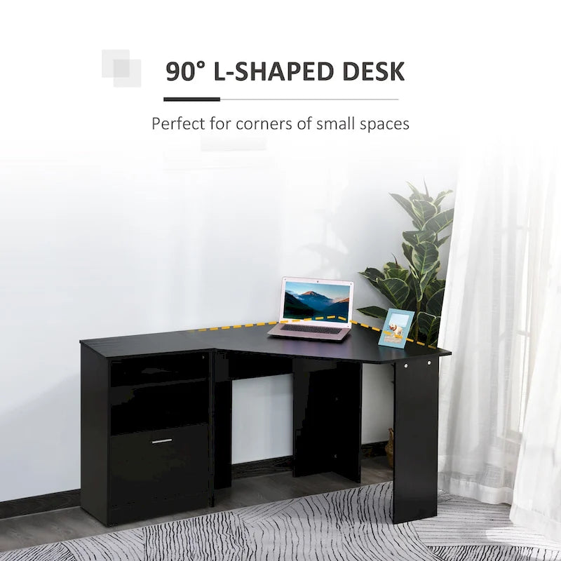 Bureau d'angle en L avec armoire pour imprimante et rangements