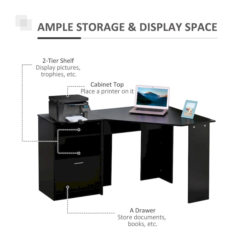 Bureau d'angle en L avec armoire pour imprimante et rangements