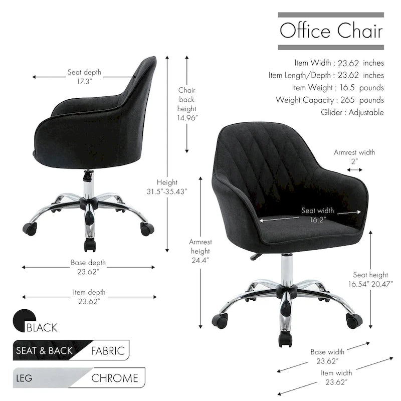 Chaise de bureau à domicile, en tissu et avec roulettes