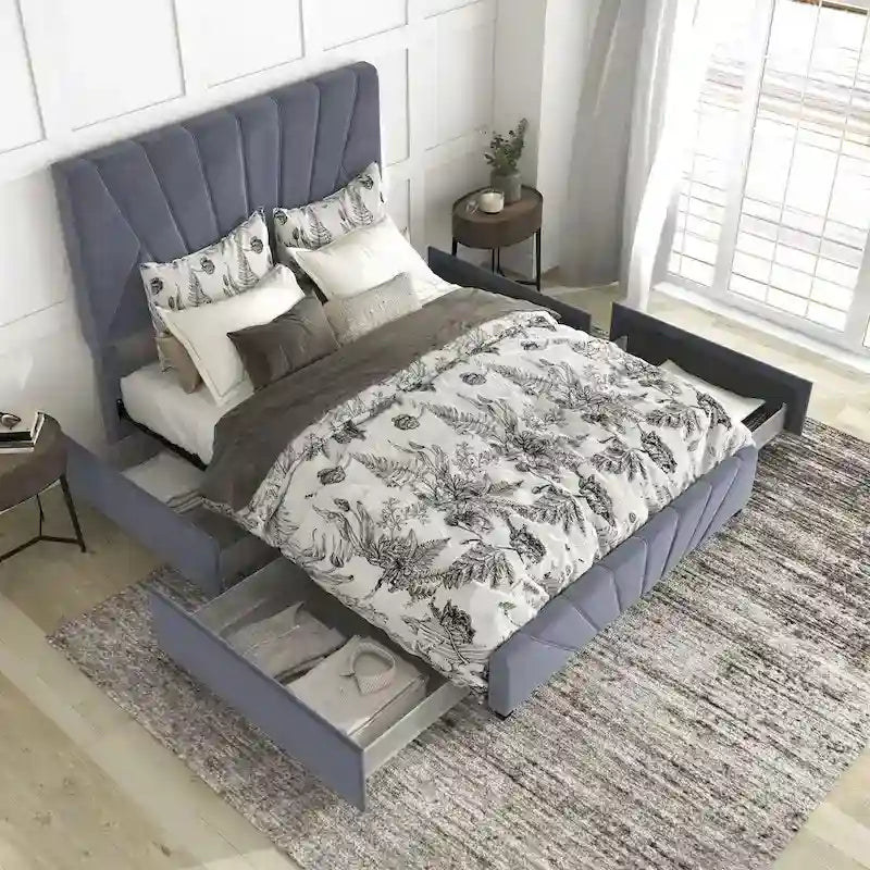 Lit de rangement Art déco 4 tiroirs avec revêtement en tissu