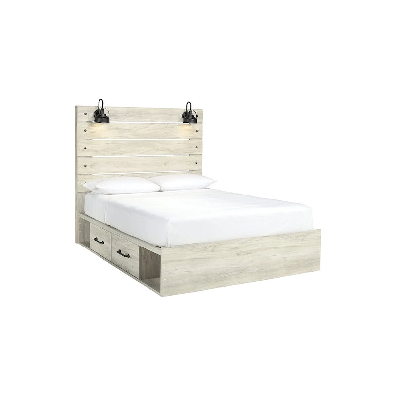 Lit à panneaux blanchis avec 2 tiroirs de rangement sous le lit