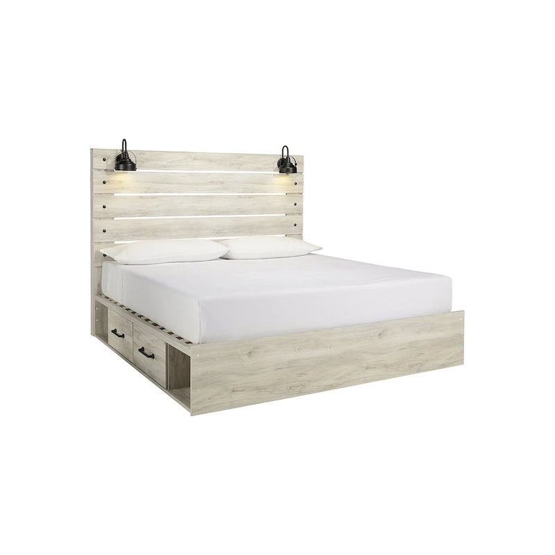 Lit à panneaux blanchis avec 2 tiroirs de rangement sous le lit