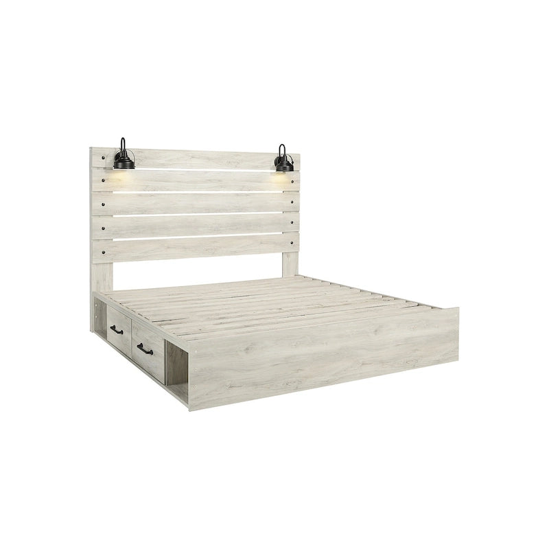 Lit à panneaux blanchis avec 2 tiroirs de rangement sous le lit