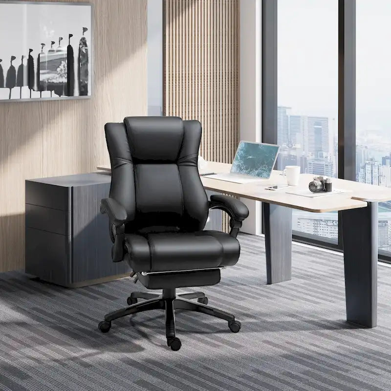 Chaise de bureau de direction rembourrée à dossier haut en cuir PU inclinable avec repose-pieds rétractable, hauteur réglable, noir