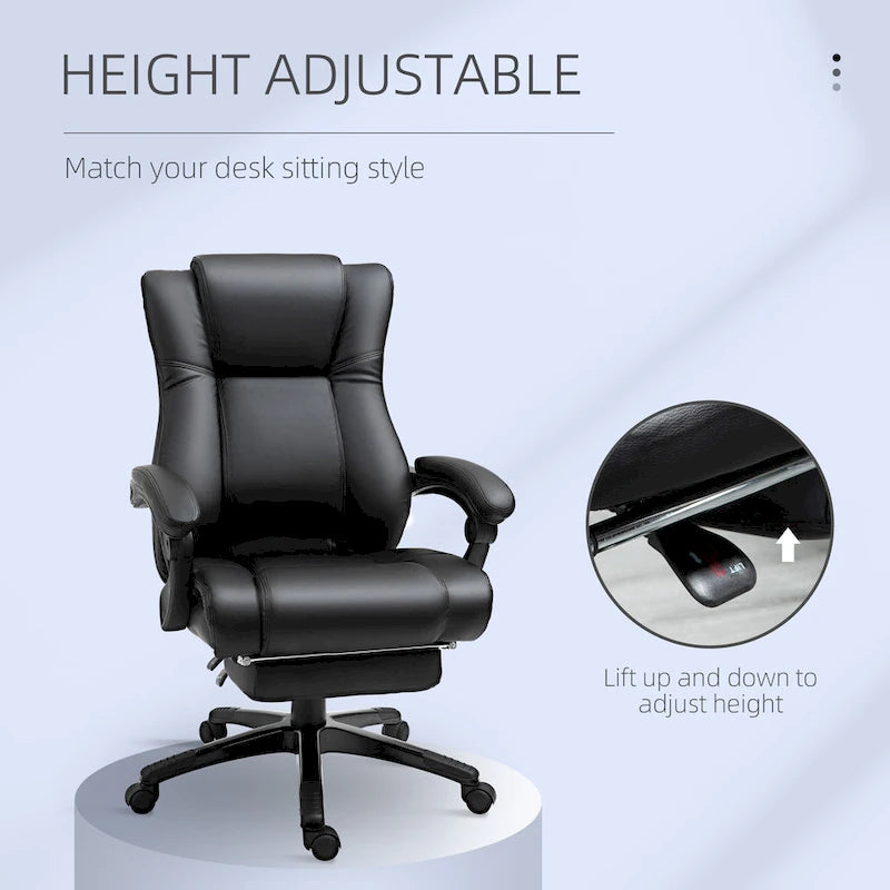 Chaise de bureau de direction rembourrée à dossier haut en cuir PU inclinable avec repose-pieds rétractable, hauteur réglable, noir
