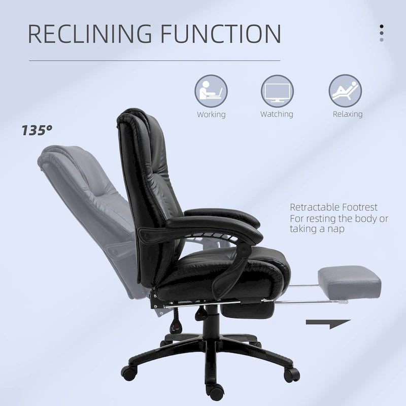 Chaise de bureau de direction rembourrée à dossier haut en cuir PU inclinable avec repose-pieds rétractable, hauteur réglable, noir