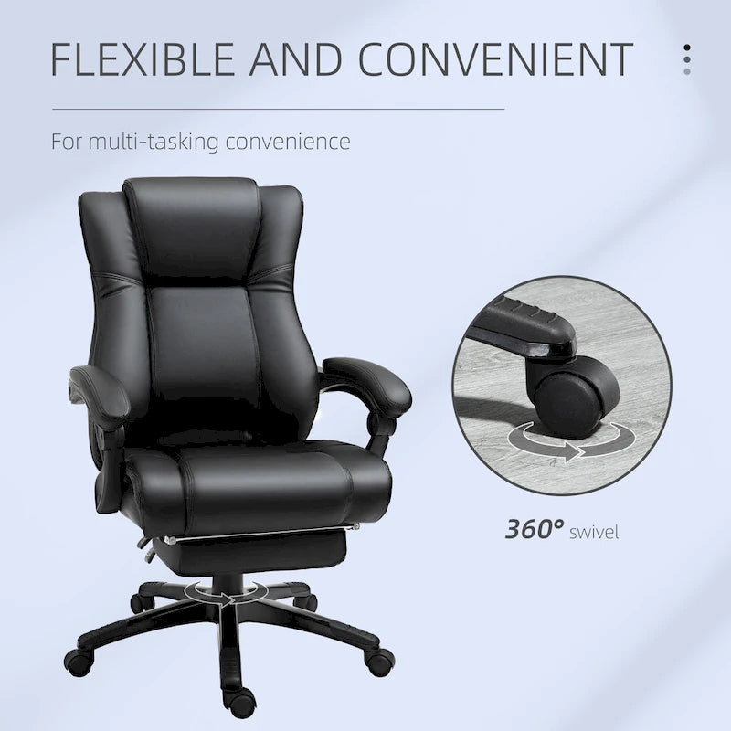 Chaise de bureau de direction rembourrée à dossier haut en cuir PU inclinable avec repose-pieds rétractable, hauteur réglable, noir
