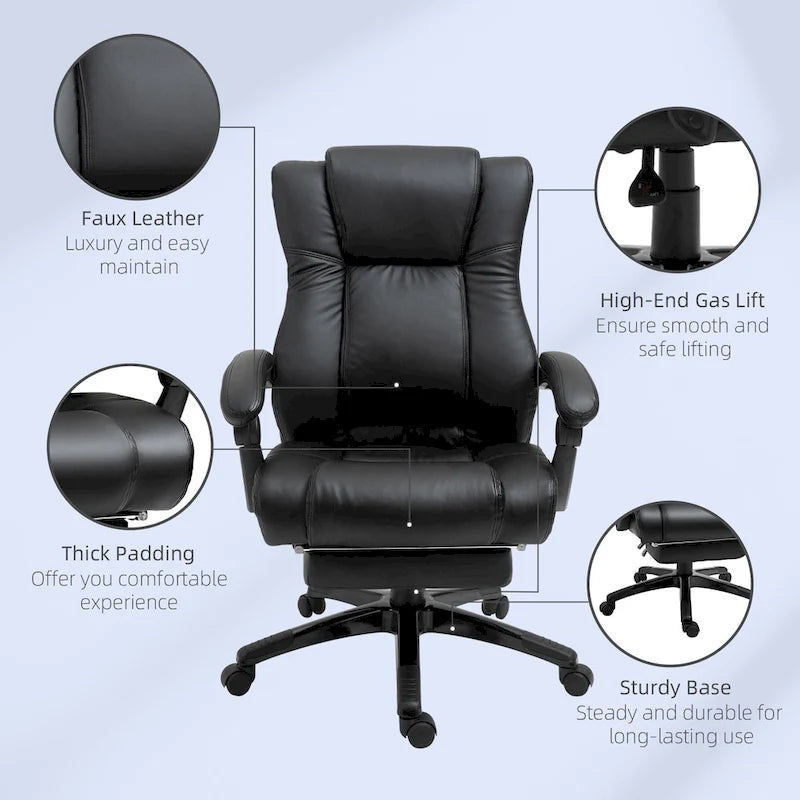 Chaise de bureau de direction rembourrée à dossier haut en cuir PU inclinable avec repose-pieds rétractable, hauteur réglable, noir