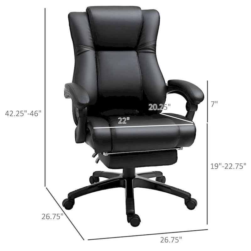 Chaise de bureau de direction rembourrée à dossier haut en cuir PU inclinable avec repose-pieds rétractable, hauteur réglable, noir